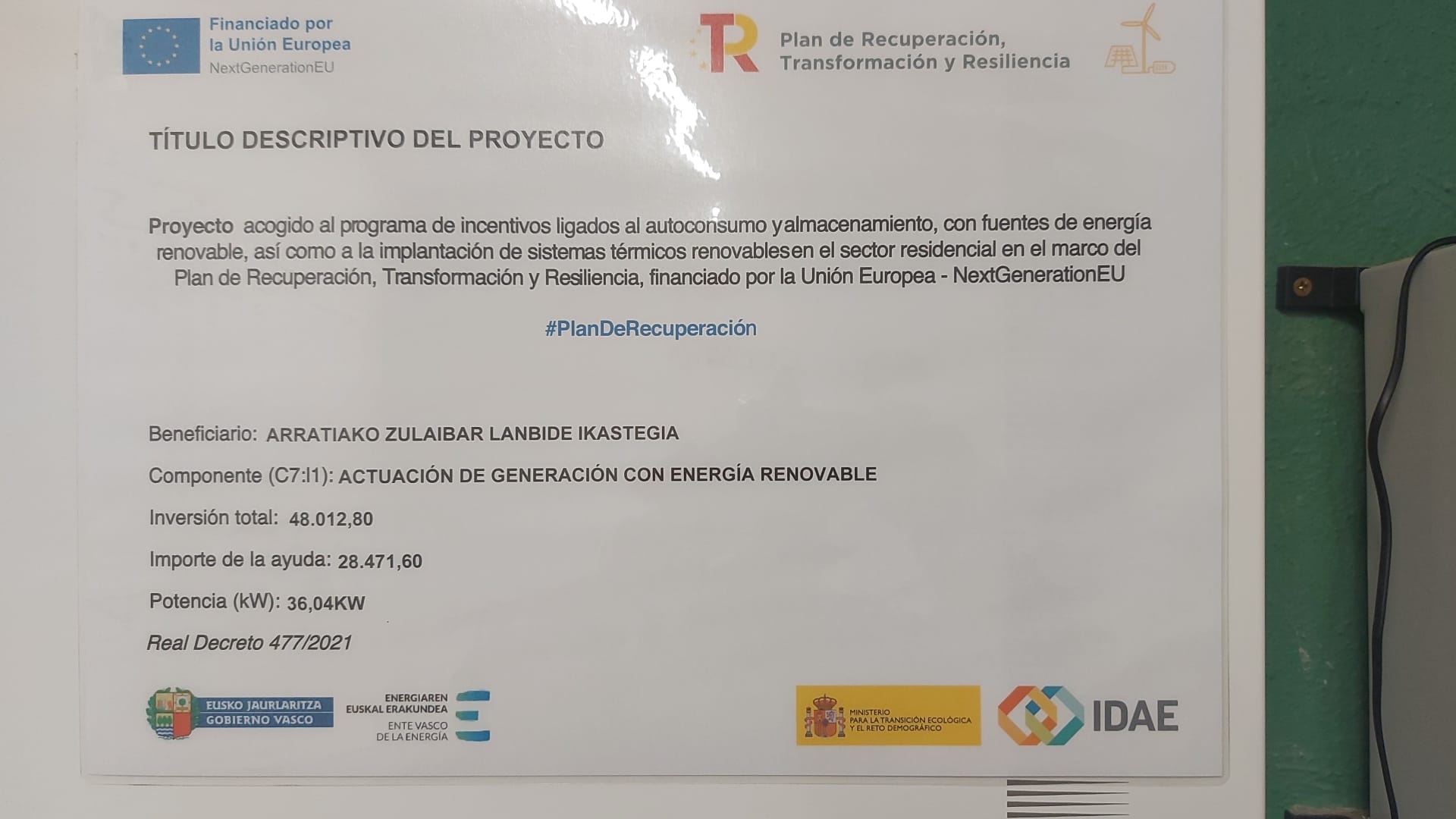 Subvención para la instalación de paneles fotovoltaicos en la cubierta de Zulaibar